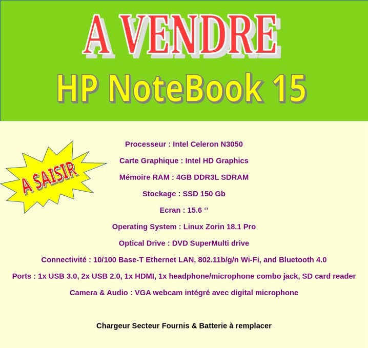 PC PORTABLE - PETIT PRIX, Informatique & Logiciels, Ordinateurs portables Windows, Enlèvement, Utilisé, 15 pouces, SSD