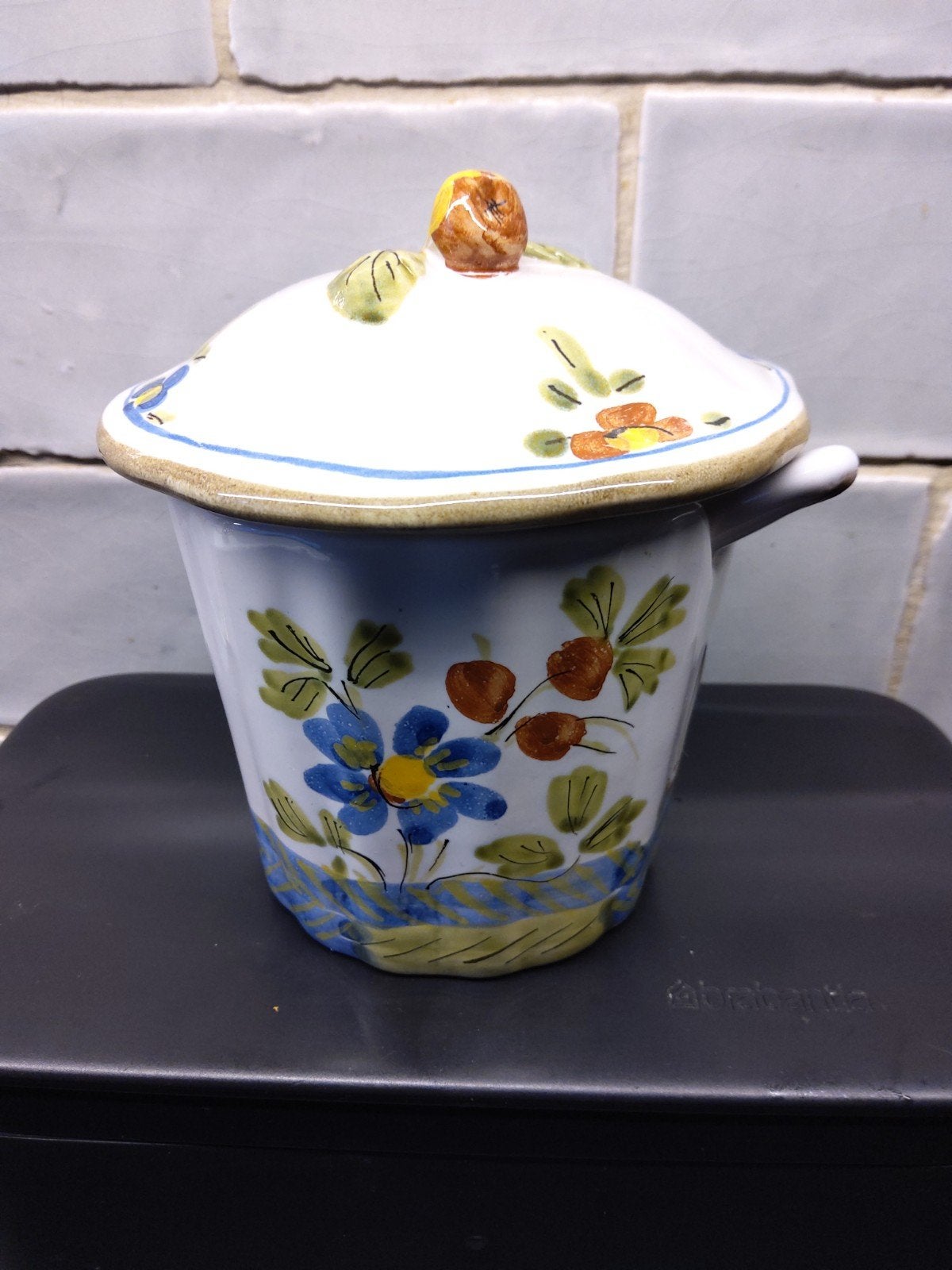 Retro porselein confituurpotje met bijbehorend lepeltje, Ophalen of Verzenden