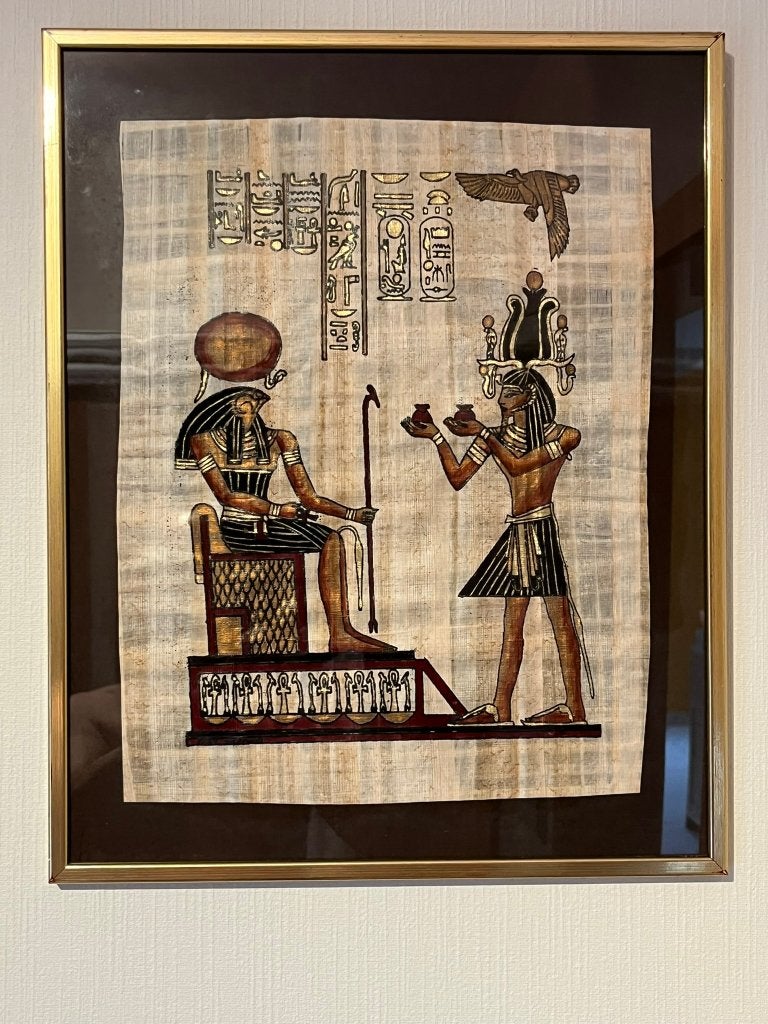 Egyptisch Papyrus kunstwerk in goudkleurige lijst 37x46cm., Ophalen