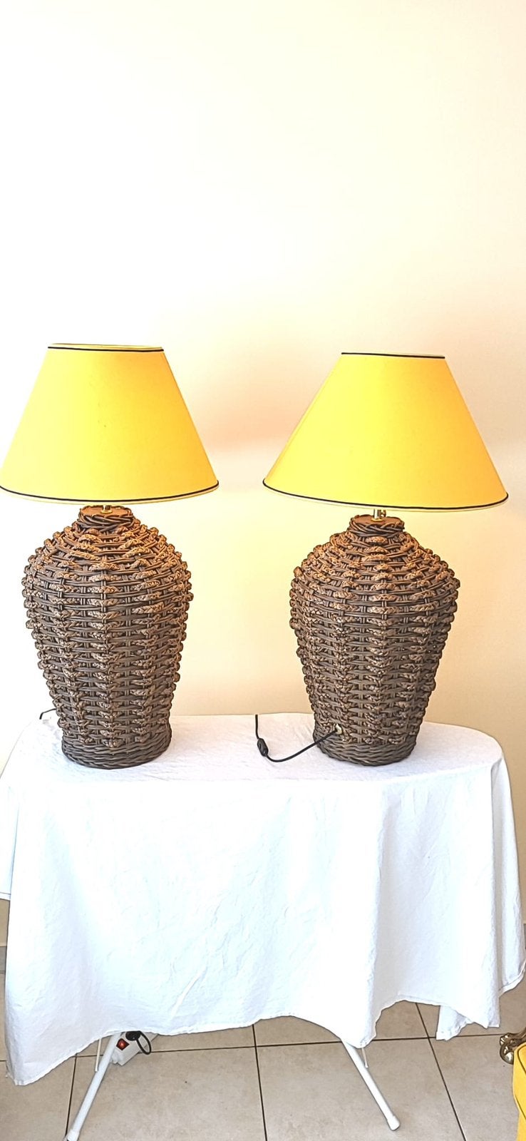 Paire de lampes en rotin tressé signées L. Drimmer 70/80, Enlèvement, Utilisé, Avec interrupteur, Campagne