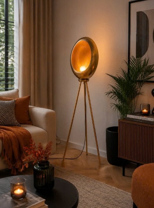 Design vloerlamp tripod | goudkleurig, Ophalen, Gebruikt, 100 tot 150 cm, E27 (groot)