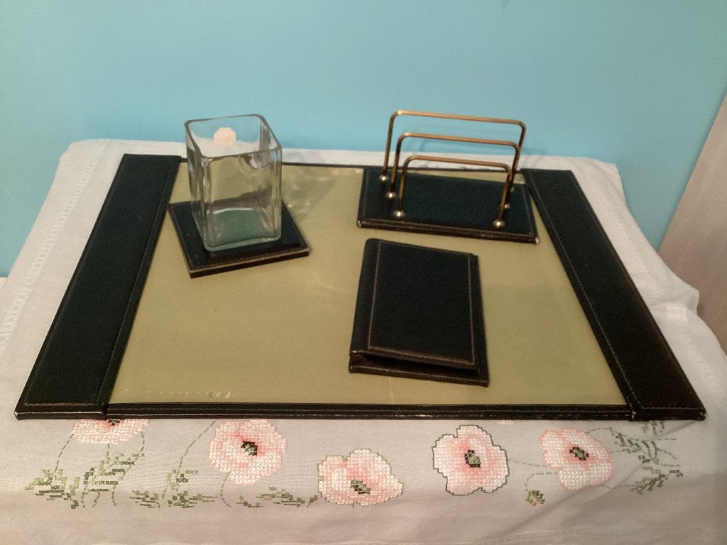 Retro zwart lederen bureauset, Divers, Accessoires de bureau, Enlèvement, Utilisé