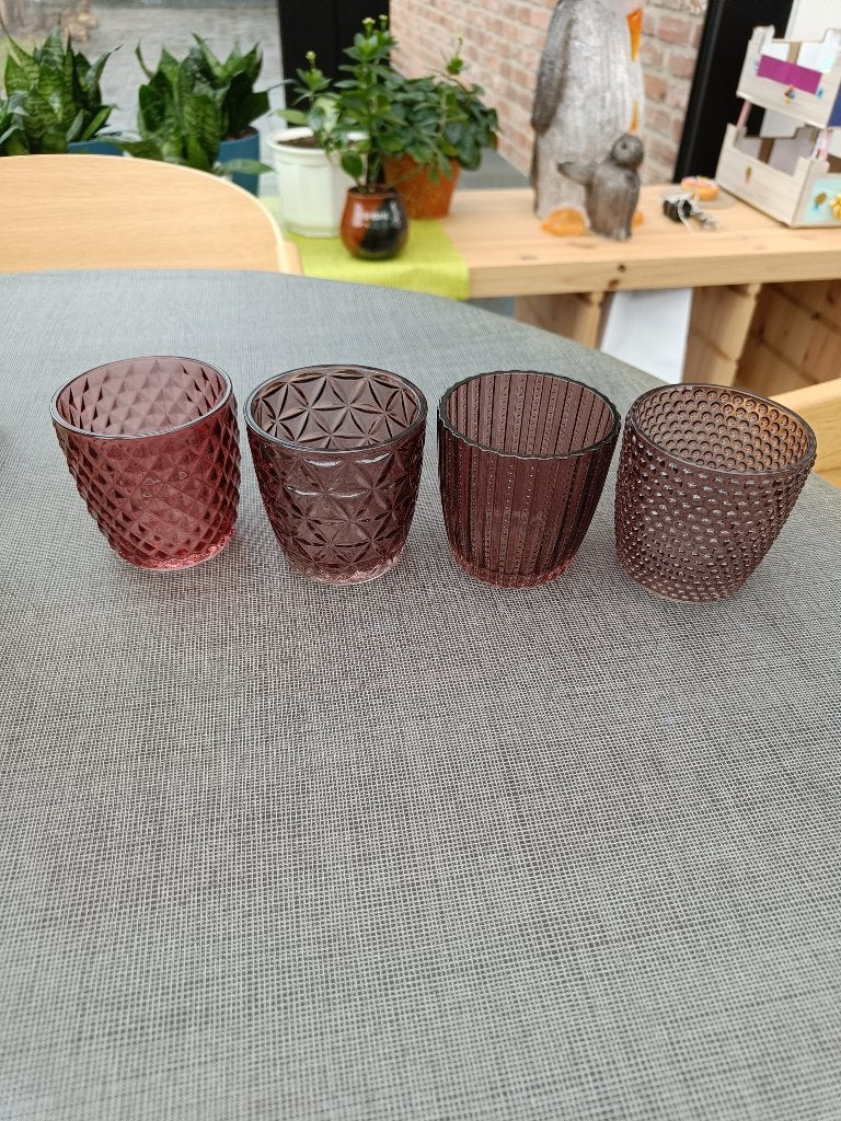 4 theelichtjes met verschillende kleur en motieven. Glazen!, Enlèvement ou Envoi, Autres couleurs, Autres matériaux, Neuf