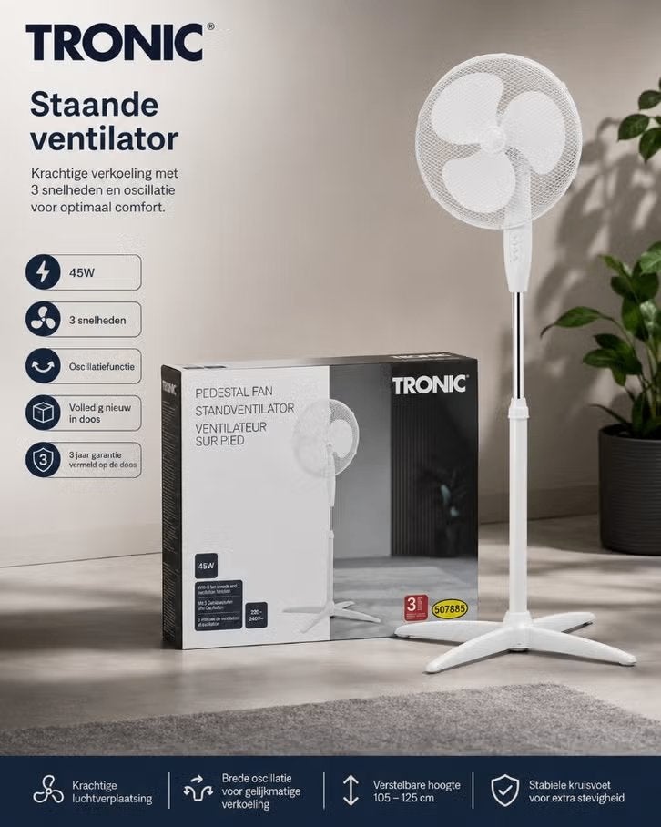 Nieuwe TRONIC staande ventilator 45W – ongeopend in doos, Elektronische apparatuur, Ophalen of Verzenden, Nieuw, Statiefventilator