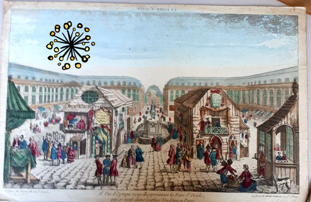 Vue d'optique Huquier Paris 1760 FOIRE St.Ovide 41,5x27,5 cm, Enlèvement ou Envoi, Avant 1940, Gravure, Utilisé