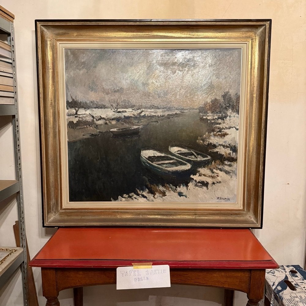 Groot Olieverf Winterlandschap Boten – R. Moens (110x95cm), Ophalen, Gesigneerd, Olieverf, Doek