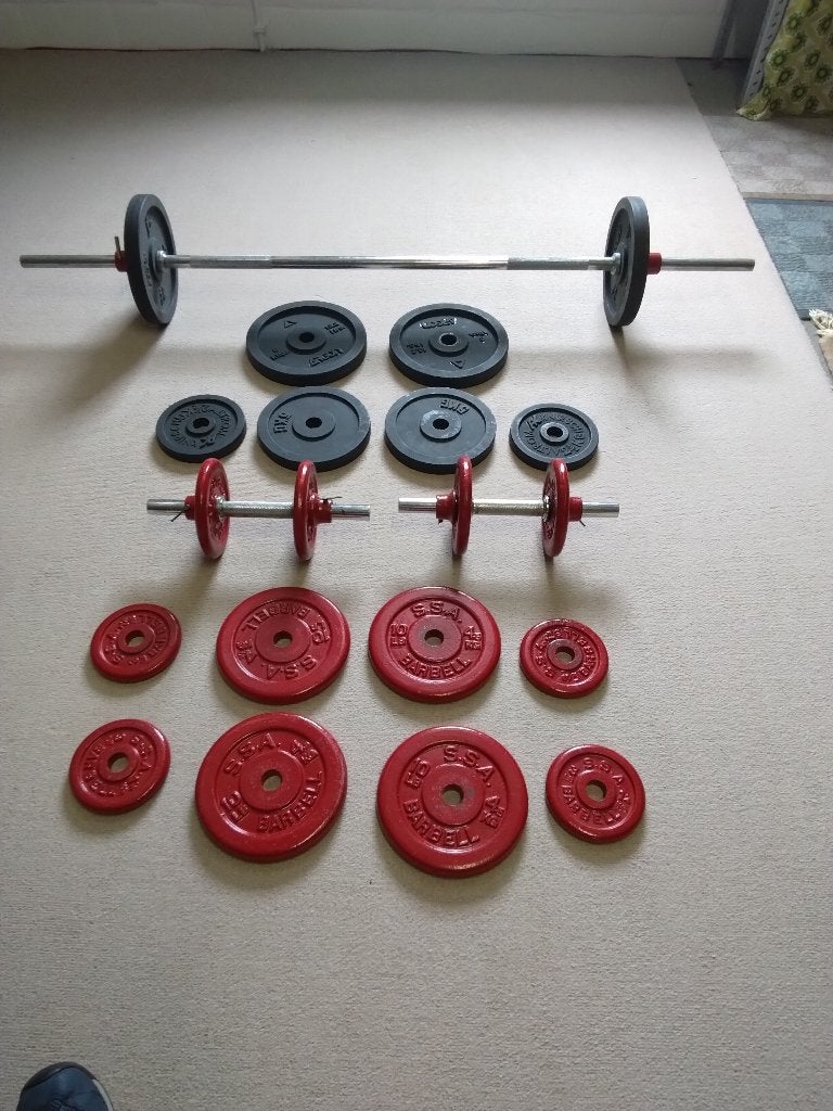 stangen en volle ijzeren schijven, Sport en Fitness, Ophalen, Gebruikt, Benen