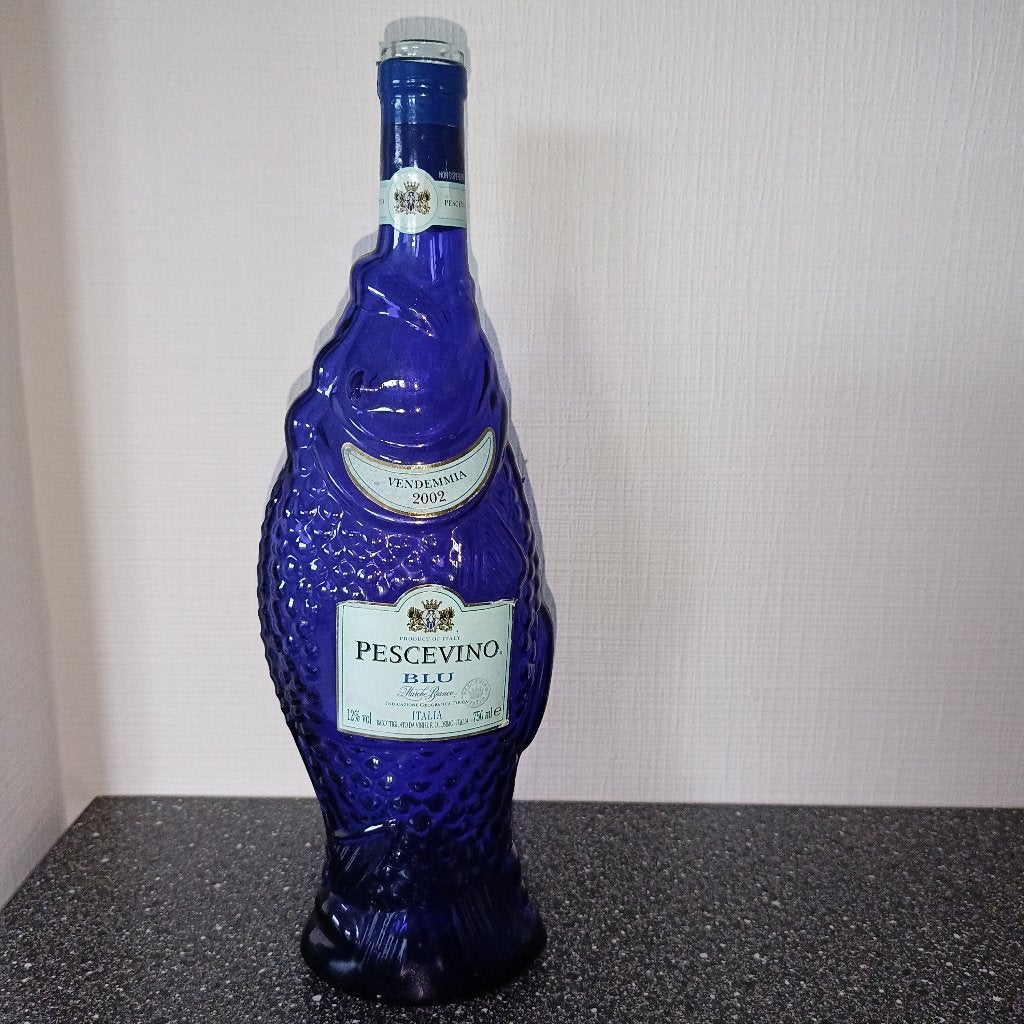 Vintage Pescevino wijnfles-blauw glas-decoratie/verzameling, Ophalen, Italië, Witte wijn, Zo goed als nieuw