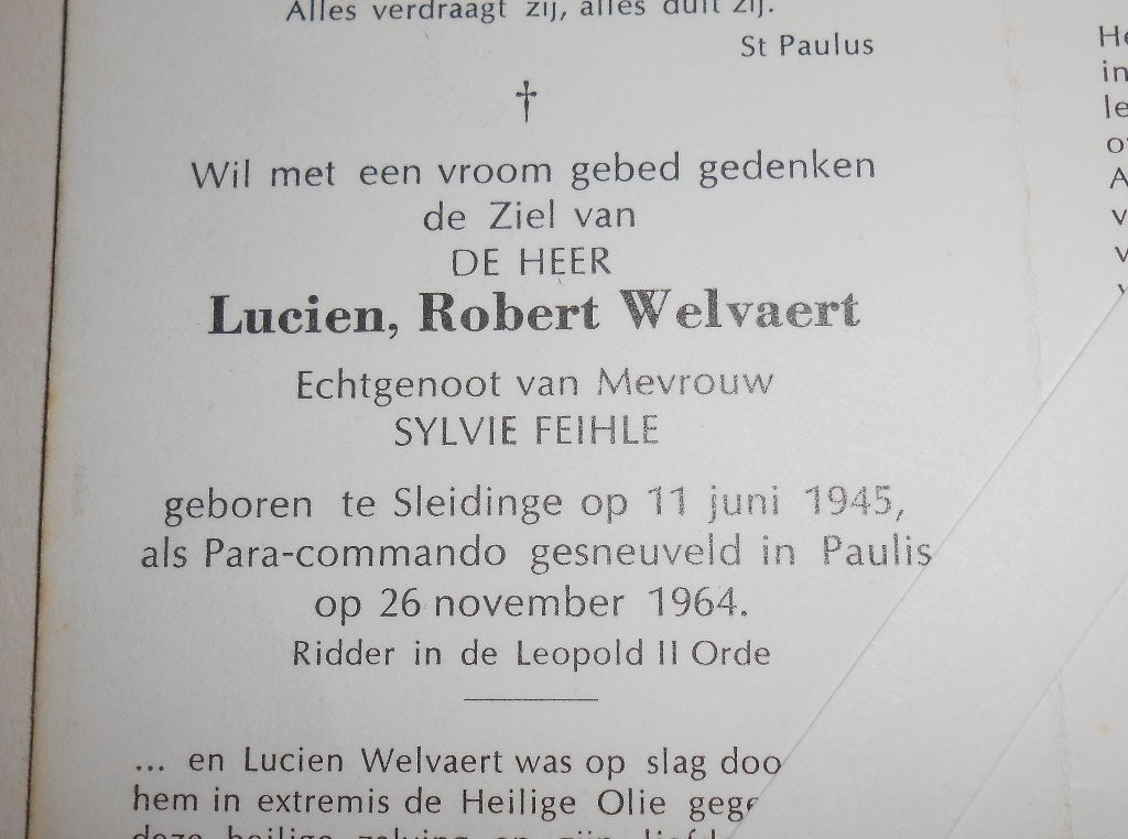 Carte de prière Paracommando L. WELVAERT tué au Congo 1964, Enlèvement ou Envoi, Armée de terre, Autres types