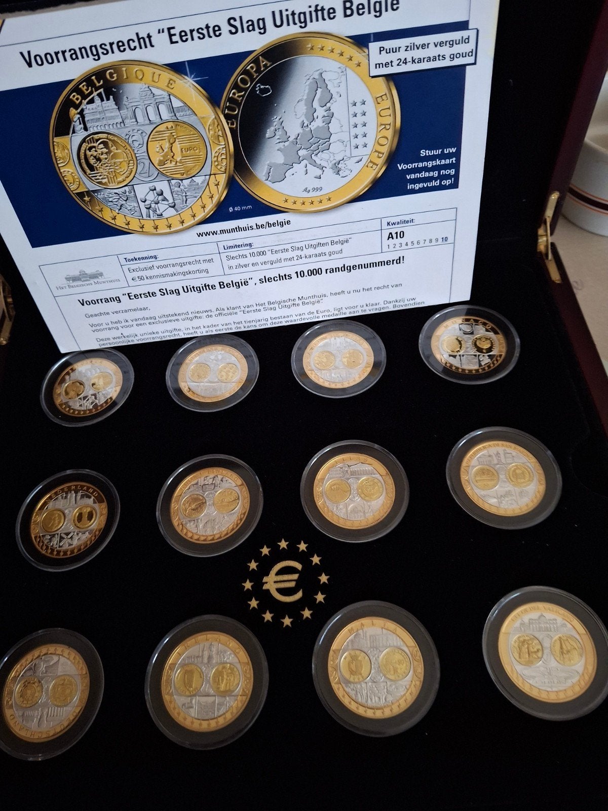 13 Europa munten puur zilver en verguld met 24 karaat goud, Verzenden, Zilver