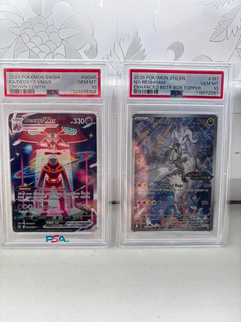 Pokemon PSA 10: N’s Reshiram (stamped) & Deoxys Vmax, Ophalen of Verzenden, Zo goed als nieuw, Meerdere kaarten, Foil