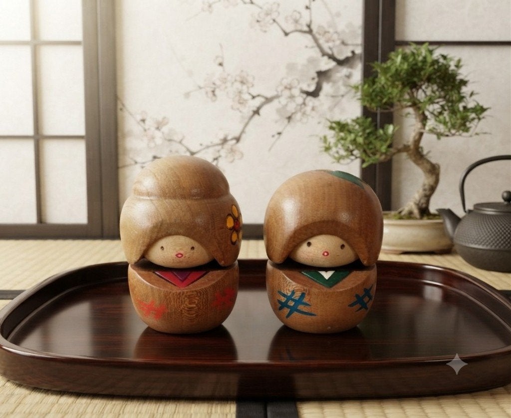Joli couple kokeshi de Takeda Masashi (1930-2015), Antiquités & Art, Art | Art non-occidental, 6 cm, Japon, Bois, Peint
