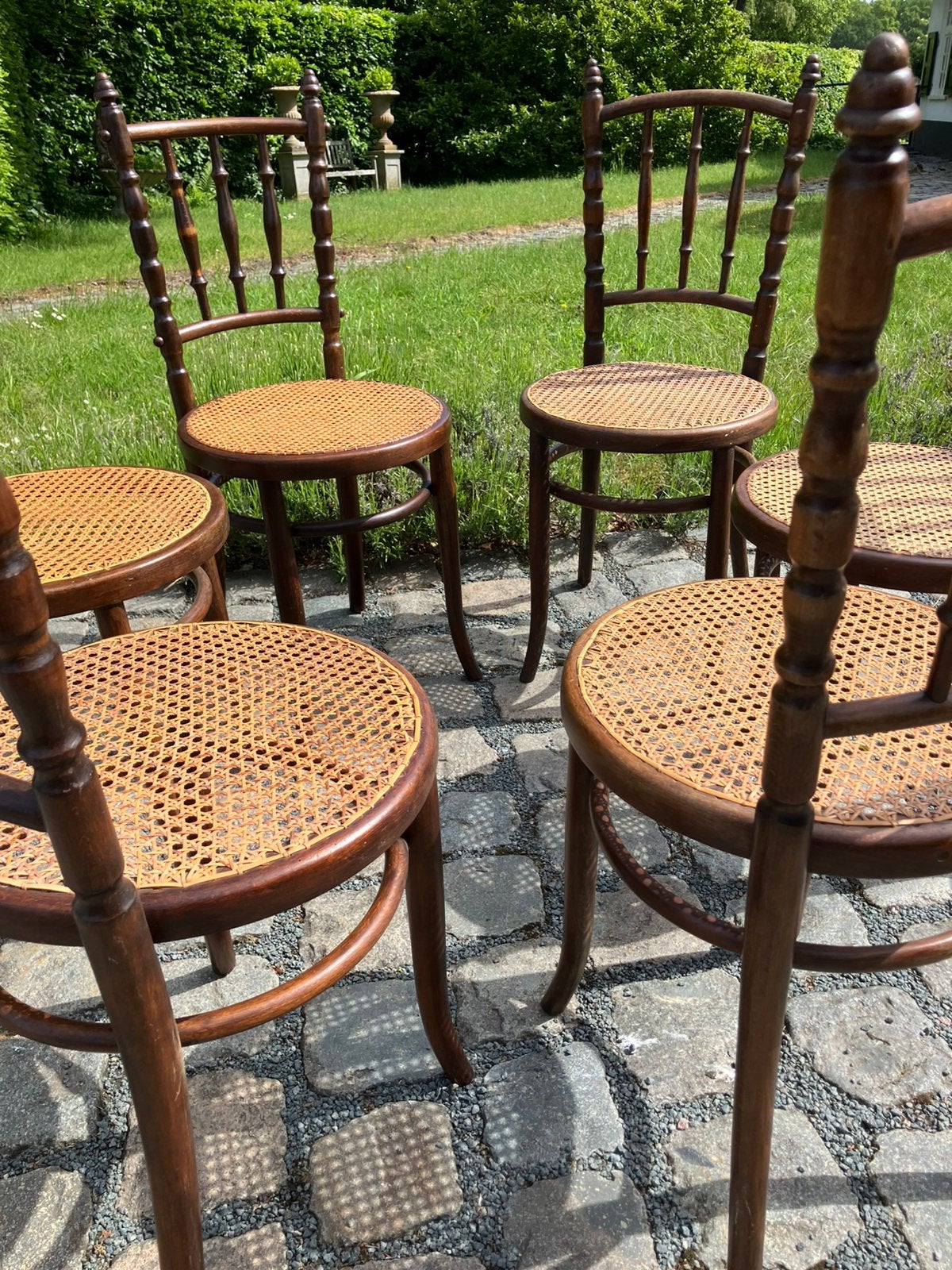 authentieke Fischel webbing bistro stoelen, Ophalen, Hout