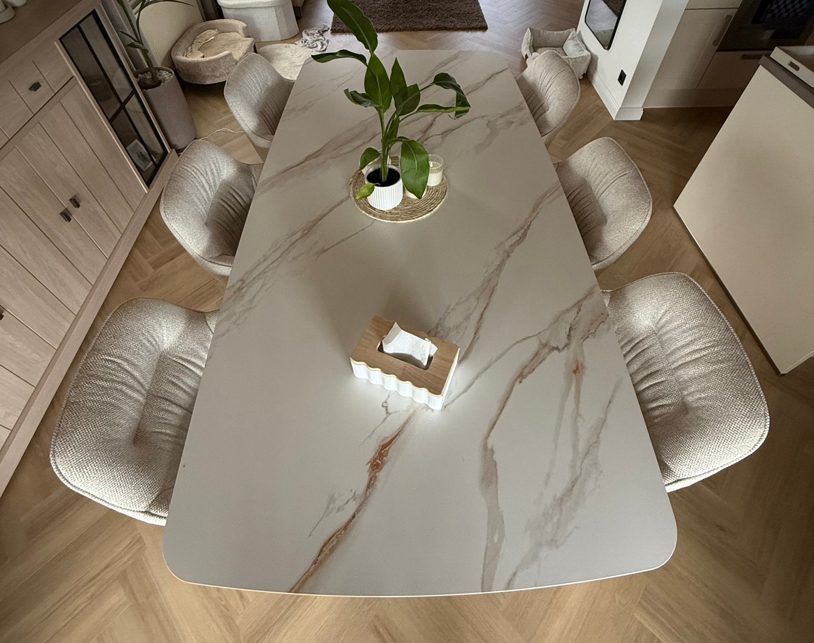 Eettafel deens ovaal 240x120 wit/beige marmer, Huis en Inrichting, Tafels | Eettafels, Ophalen, Zo goed als nieuw, Ovaal
