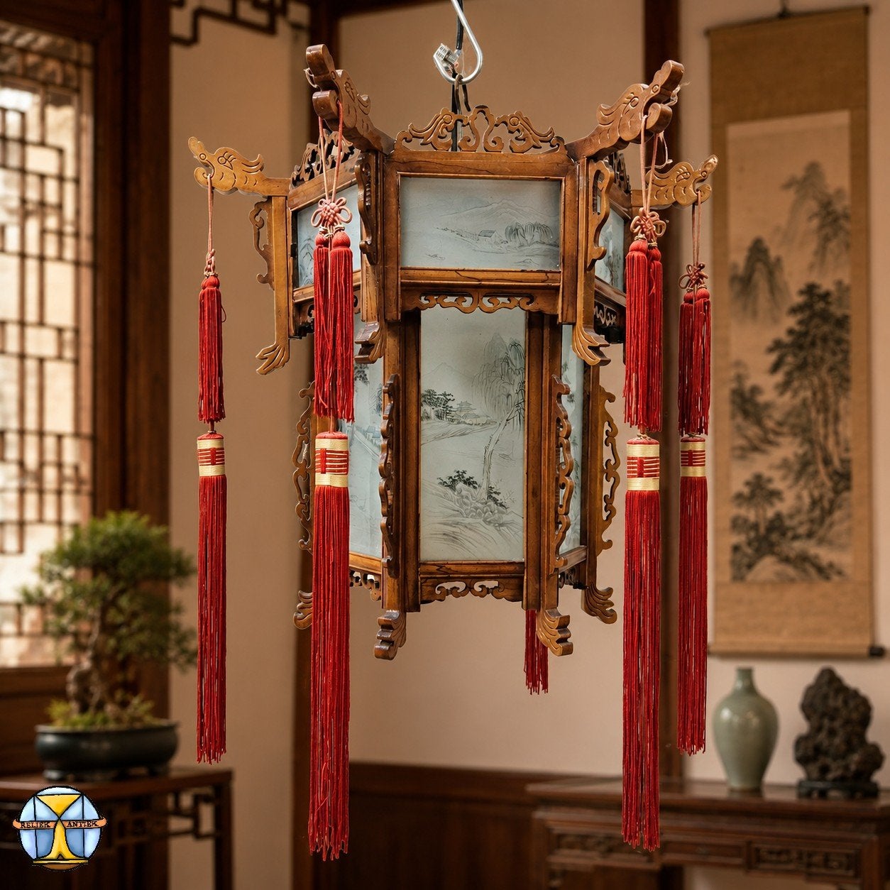 Vintage Chinese Houten Lantaarn / hanglamp glazen panelen, Aziatische / chinees  / bohemian  / vintage / oosters, 50 tot 75 cm
