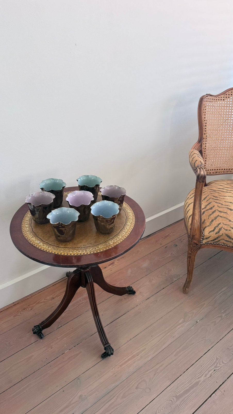 7 unieke keramieken potjes buiten brons binnen pastel deco, Ophalen