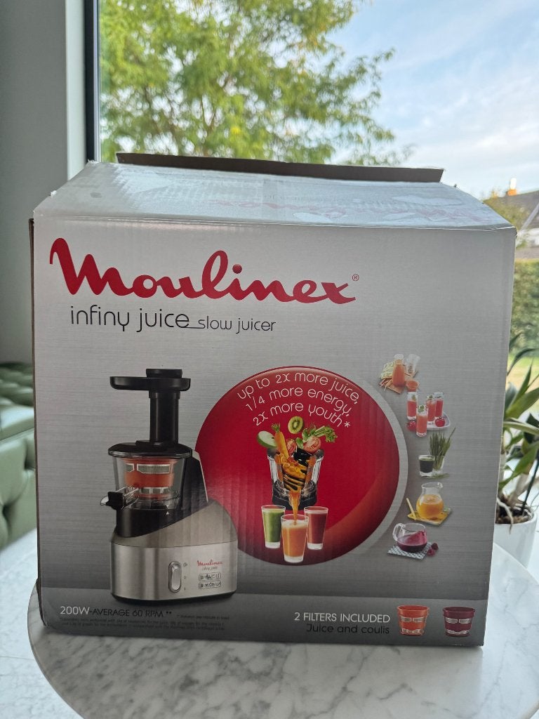 Jus Moulinex Infiny, Electroménager, Extracteurs de jus, Enlèvement ou Envoi, Comme neuf, Électrique, Presse-agrumes lent