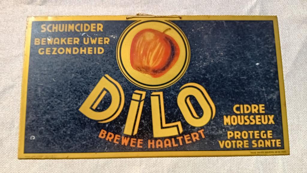 Metalen reclamebord 1935 Cider DILO Haaltert, Verzamelen, Ophalen of Verzenden, Zo goed als nieuw, Reclamebord