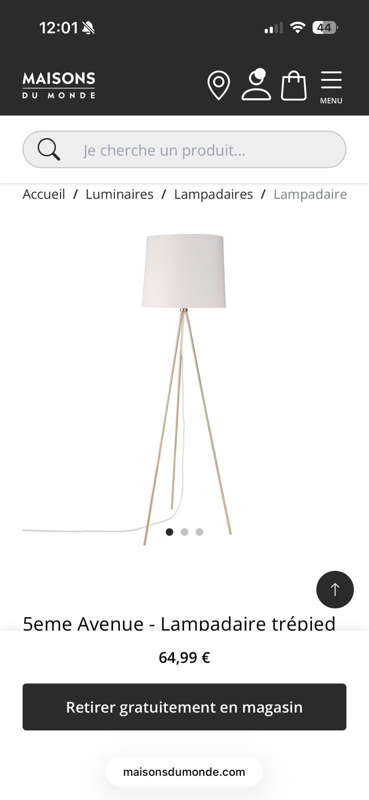Lampadaire Maison du Monde, Enlèvement, Comme neuf