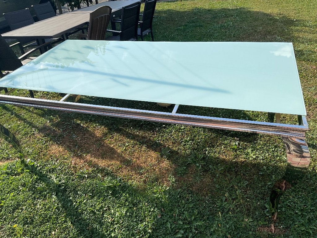 Table living, 200 cm ou plus, Vitre sur châssis chromé, Comme neuf, Verre