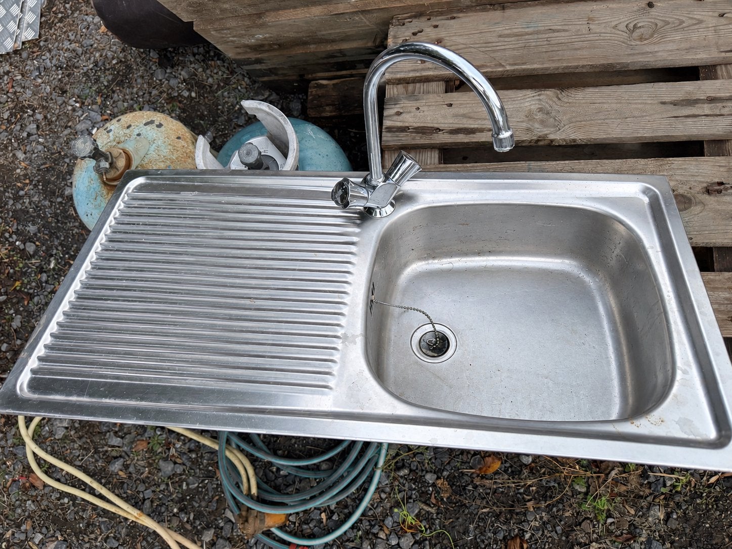 Evier inox avec robinet et siphon, Maison & Meubles, Enlèvement, Utilisé