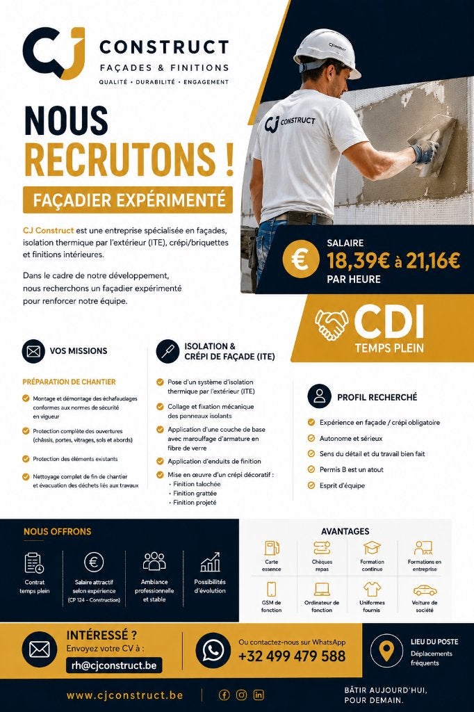 Nous recrutons façadier qualifié (CDI) – Isolation & Crépi, Vacatures, Vacatures | Bouwnijverheid, Vanaf 3 jaar, Vast contract