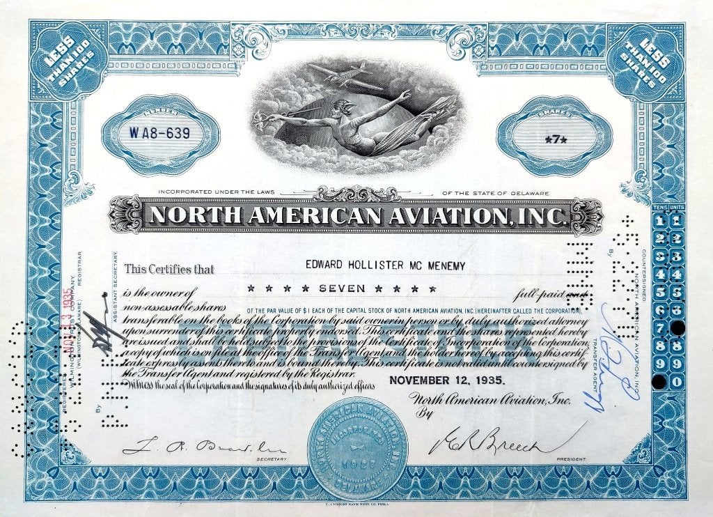 North American Aviation Inc.1935 +belangrijke signatuur!, Ophalen of Verzenden, 1920 tot 1950, Certificaat van aandeel