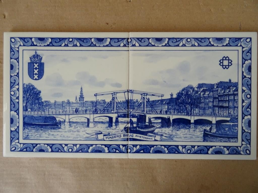 Vintage Delfts blauw tegeltableau Magere Brug Amsterdam, Antiek en Kunst, Ophalen of Verzenden