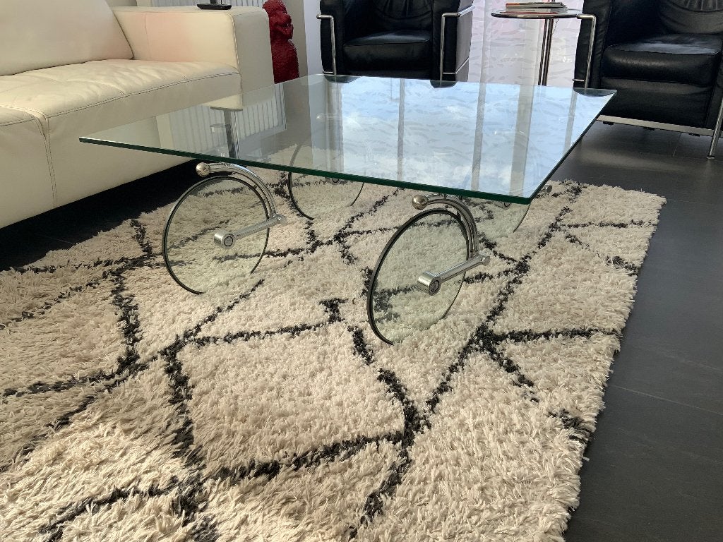 Zeer mooie glazen salontafel op (glazen) wielen, 50 à 100 cm, Carré, Verre, Enlèvement