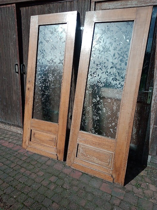 dubbele binnendeur in eik met ge ets glas 50€., Porte intérieure, Enlèvement, Utilisé, Verre