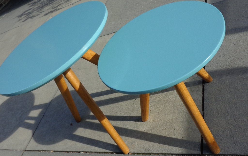 houten krukjes in mooi turquoise - blauw / groen, Ophalen, Zo goed als nieuw, Hout