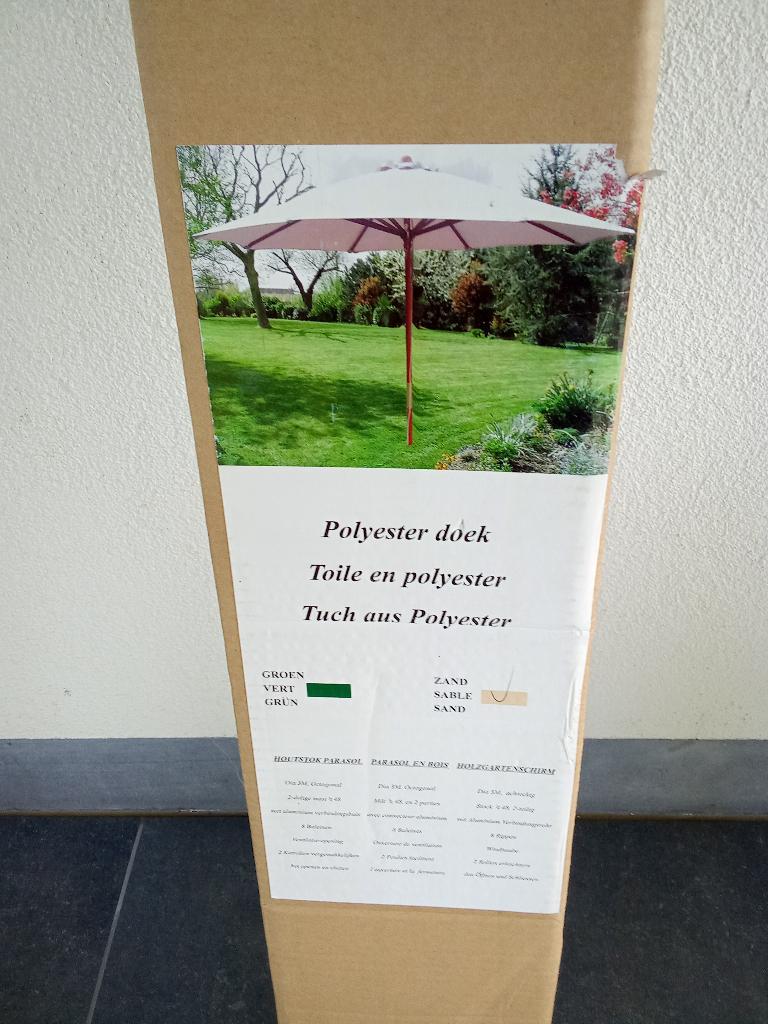 1 Parasol beige nieuw en voet, Tuin en Terras, Parasols, Ophalen, Nieuw, Waterdicht, Stokparasol