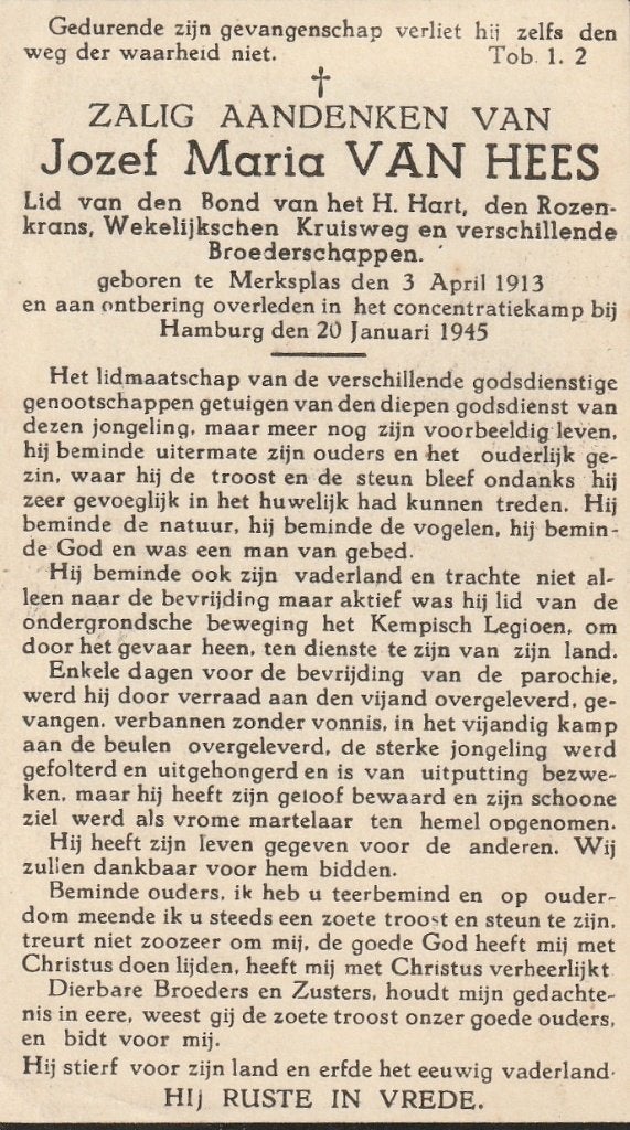 Concentratiekamp  1945 Jozef Maria Van Hees   Hamburg, Verzamelen, Ophalen of Verzenden