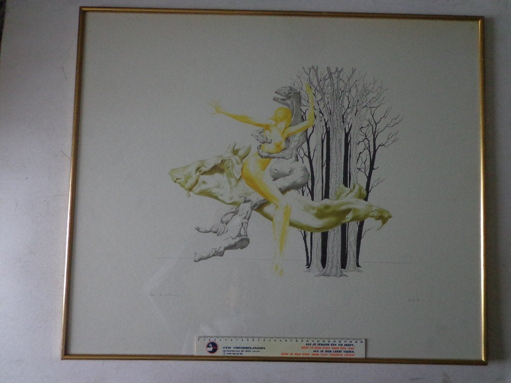 litho van Jan Vanderloo "De ontvoering" met naakte vrouw, Édition limitée, Enlèvement, Personnages et figures fantastiques, Lithographie