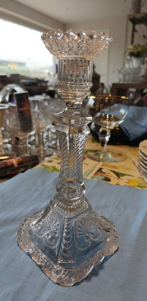 kandelaar in geperst glas art deco transparant, Antiek en Kunst, Ophalen of Verzenden