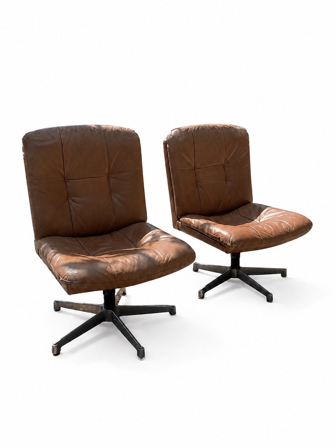 Set van 2 vintage draaifauteuils in bruin leder – jaren 70, Ophalen of Verzenden, Zo goed als nieuw