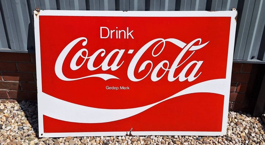 XXL groot vintage emaille reclamebord van Drink Coca-Cola., Verzamelen, Ophalen, Gebruikt, Reclamebord