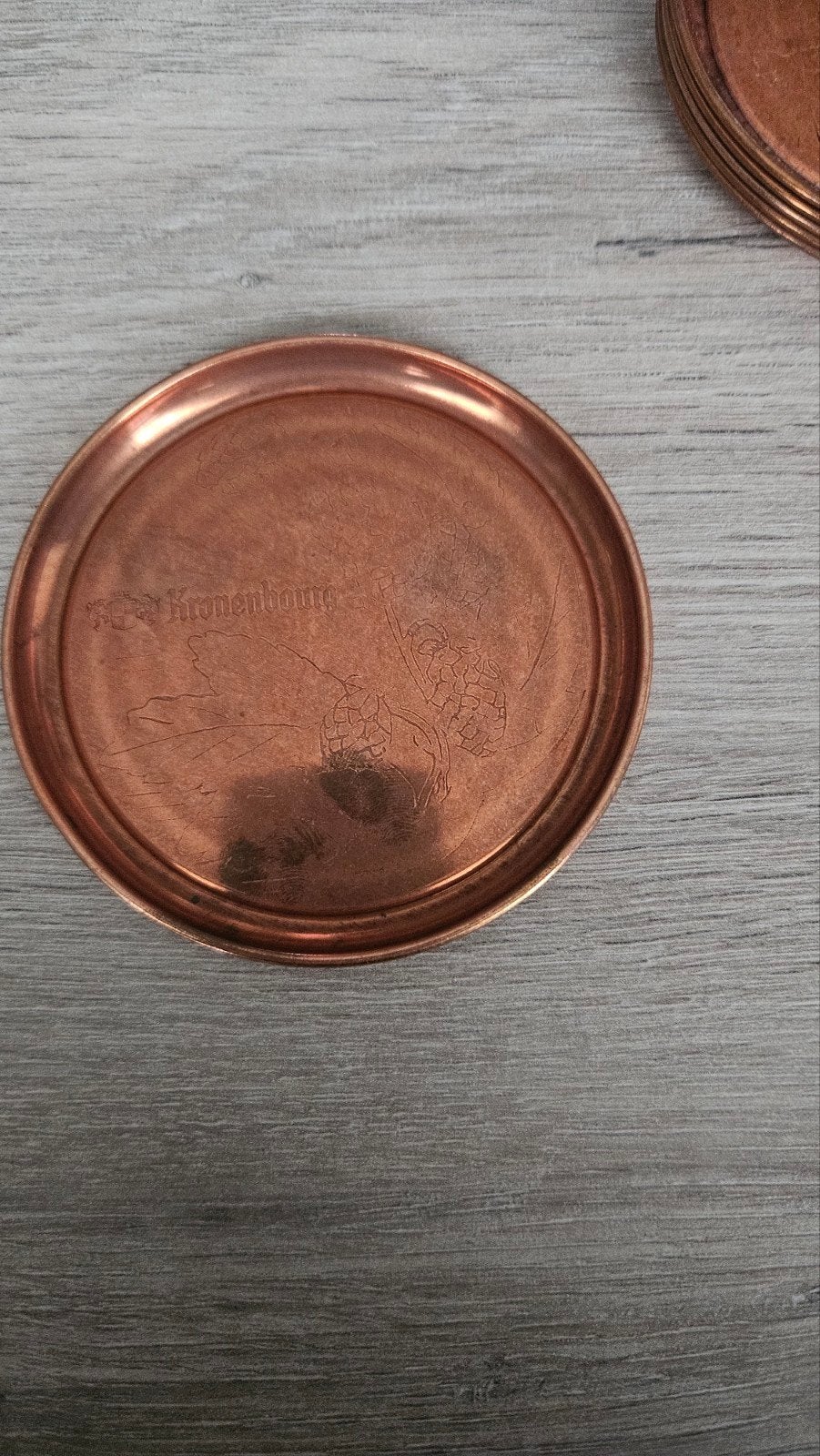 Lot de 6 sous-verres vintage en cuivre Kronenbourg – Collect, Antiquités & Art, Enlèvement ou Envoi