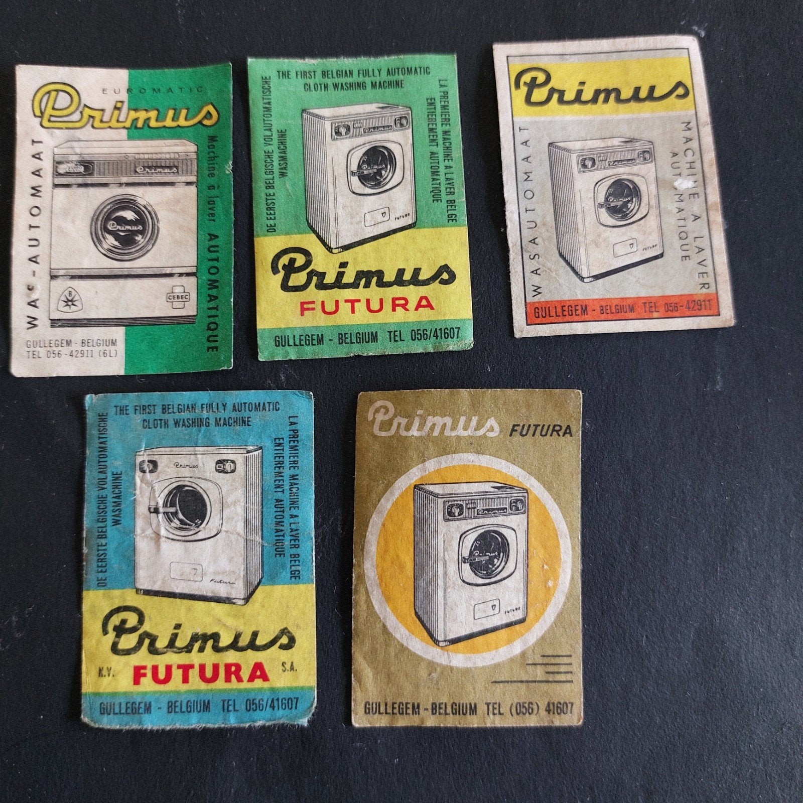 5 oude luciferetiketten : Primus wasmachines Gullegem, Ophalen of Verzenden