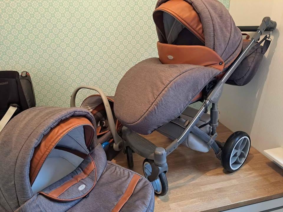 Baby Merc Faster 3 – Luxe 3-in-1 Kinderwagen (Grijs/Leder), Kinderen en Baby's, Kinderwagens en Combinaties, Gebruikt, Combiwagen