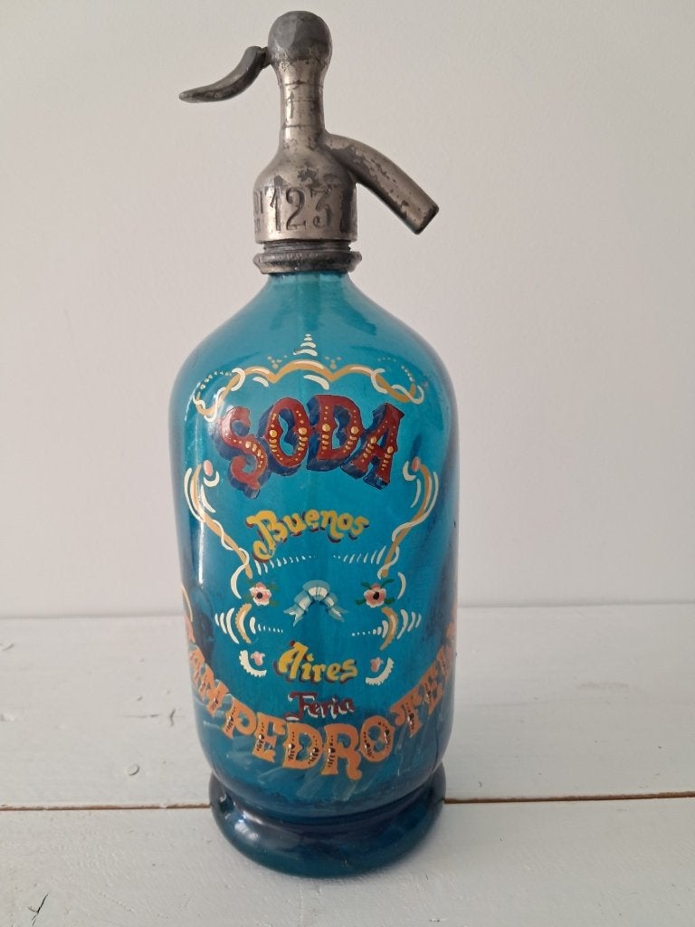 Bouteille d'eau gazeuse argentine ancienne en bleu, Antiquités & Art, Enlèvement