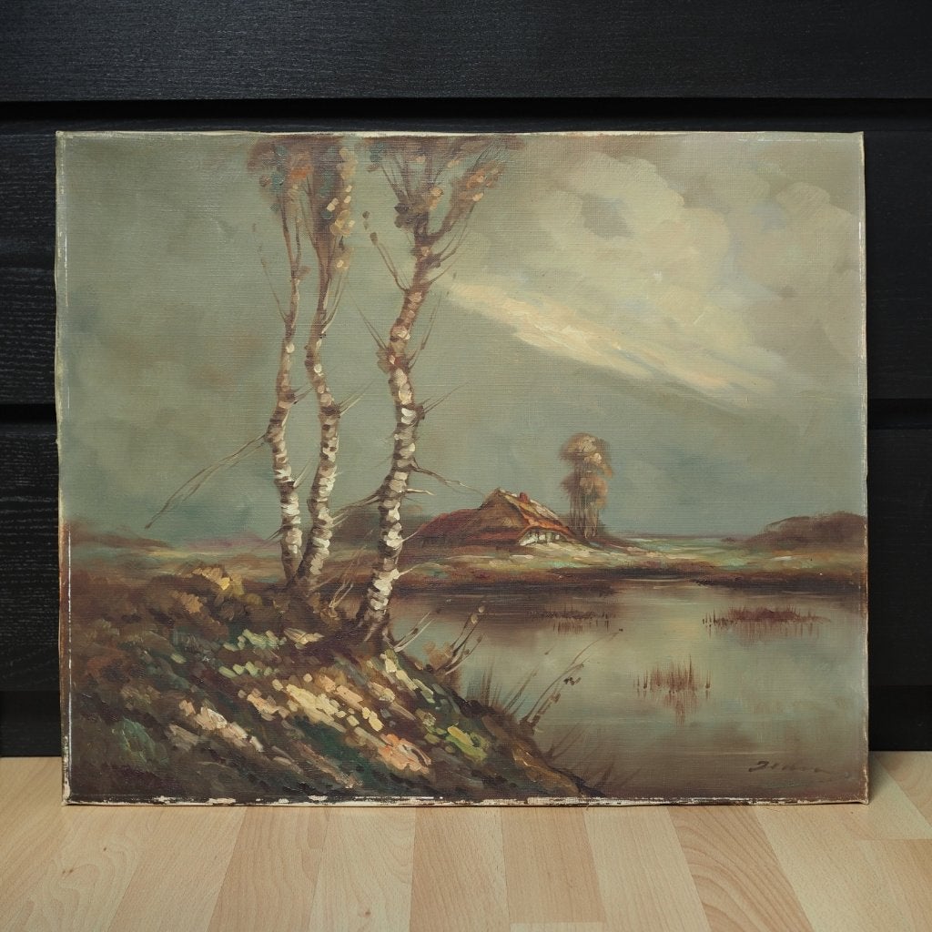 Tableau paysage aux bouleaux – 59  50 cm, Peinture à l'huile, Paysage, Signé, Enlèvement
