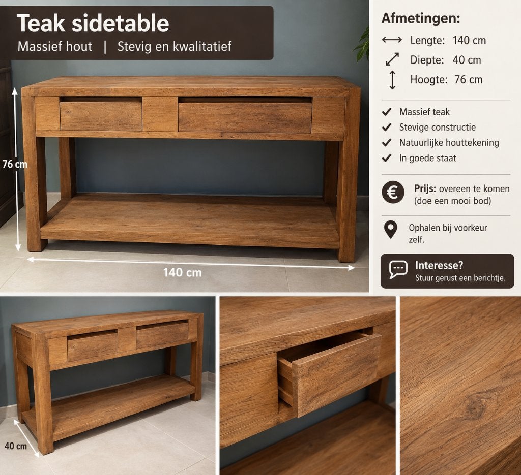 Sidetable teak 140 cm, Huis en Inrichting, Ophalen, 100 tot 150 cm, Teakhout, Zo goed als nieuw