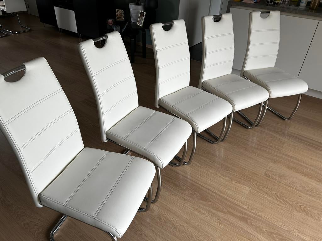 Eetkamerstoelen, 5 stuks, kunstleer wit, Ophalen, Gebruikt, Wit, Leer