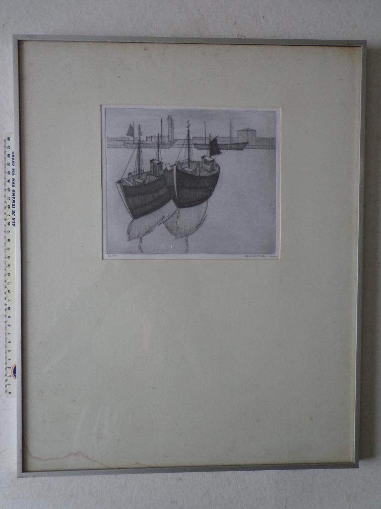 typische ets Leon Smets "Twee vissersboten" kleine oplage, Antiek en Kunst, Ingelijst, Ophalen of Verzenden, Landschap, 1950 - 1999