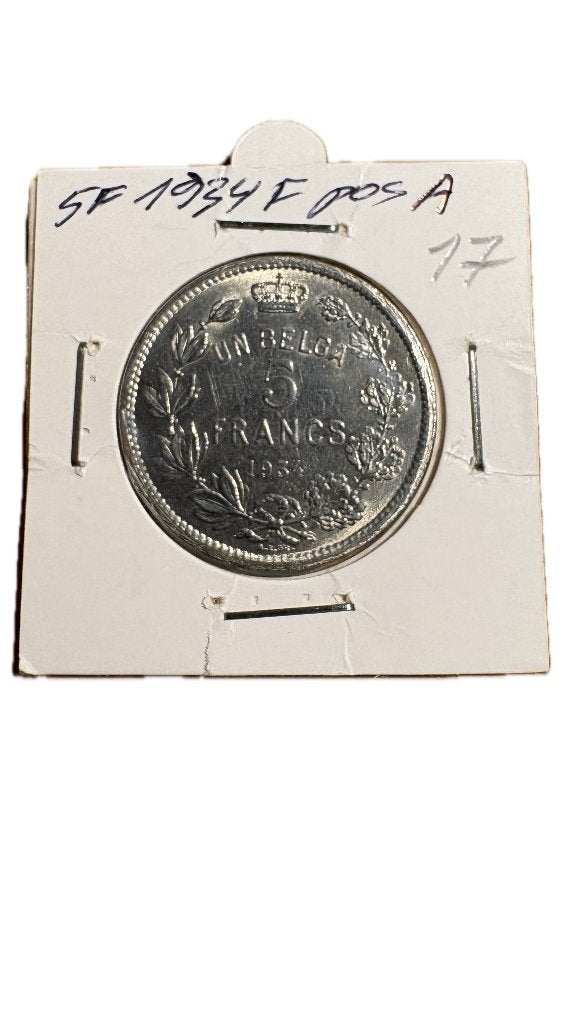 ALBERT I: 5 FRANC 1 BELGA 1934F Positie A, Postzegels en Munten, Ophalen of Verzenden