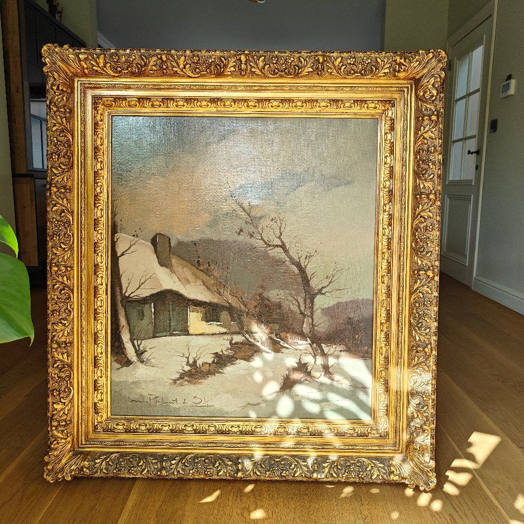 Klassiek schilderij winterlandschap in vergulde lijst 113cm, Ophalen, Klassiek, Bijzondere lijst, Landschap