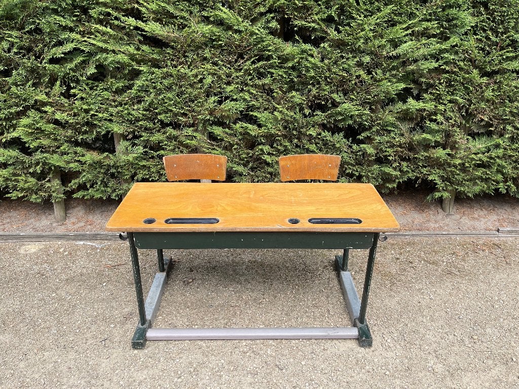 Vintage tweepersoons schoolbank – hout & metaal – retro, Autres marques, Bureau d'écolier, 120 cm, 45 cm