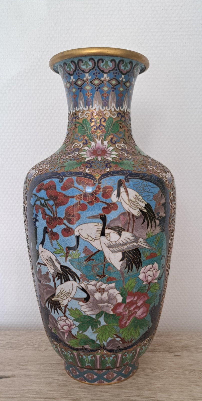 Exceptionnel grand vase chinois émaux cloisonnés Grues Japon, Enlèvement ou Envoi