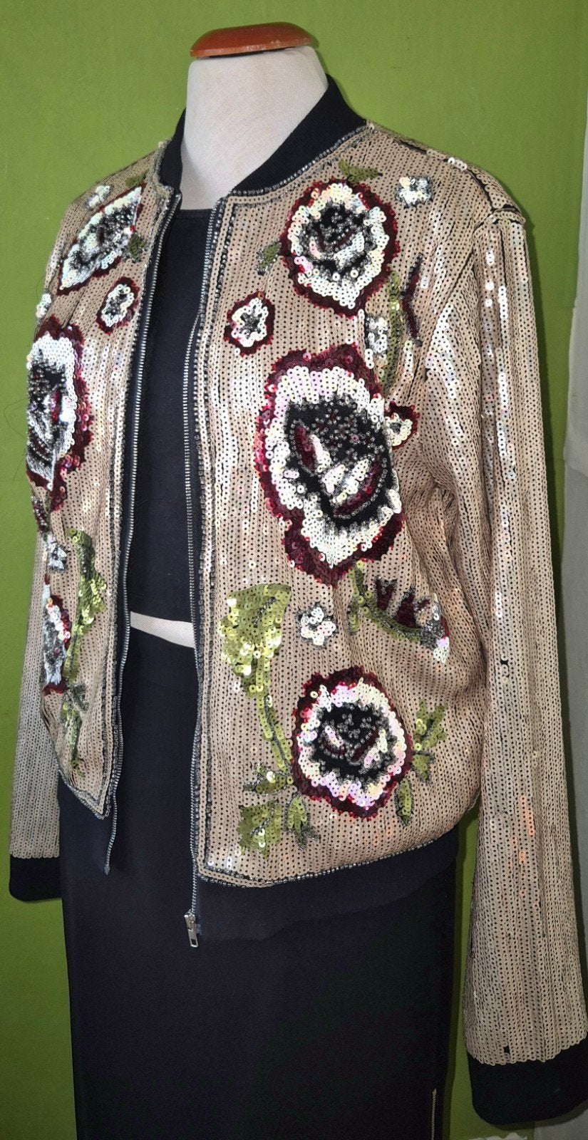 Glitter bomberjack bloemen, Kleding | Dames, Jasjes, Kostuums en Pakken, Maat 38/40 (M), Groen, Ophalen of Verzenden